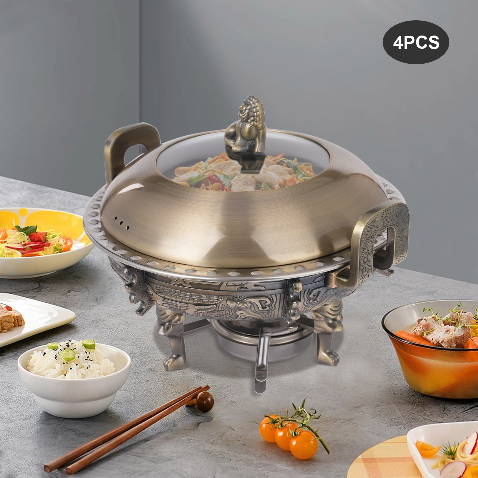 4 PCS Bronze Chinese Style Chafing Dishes Set with Alcohol Stoves Buffet
