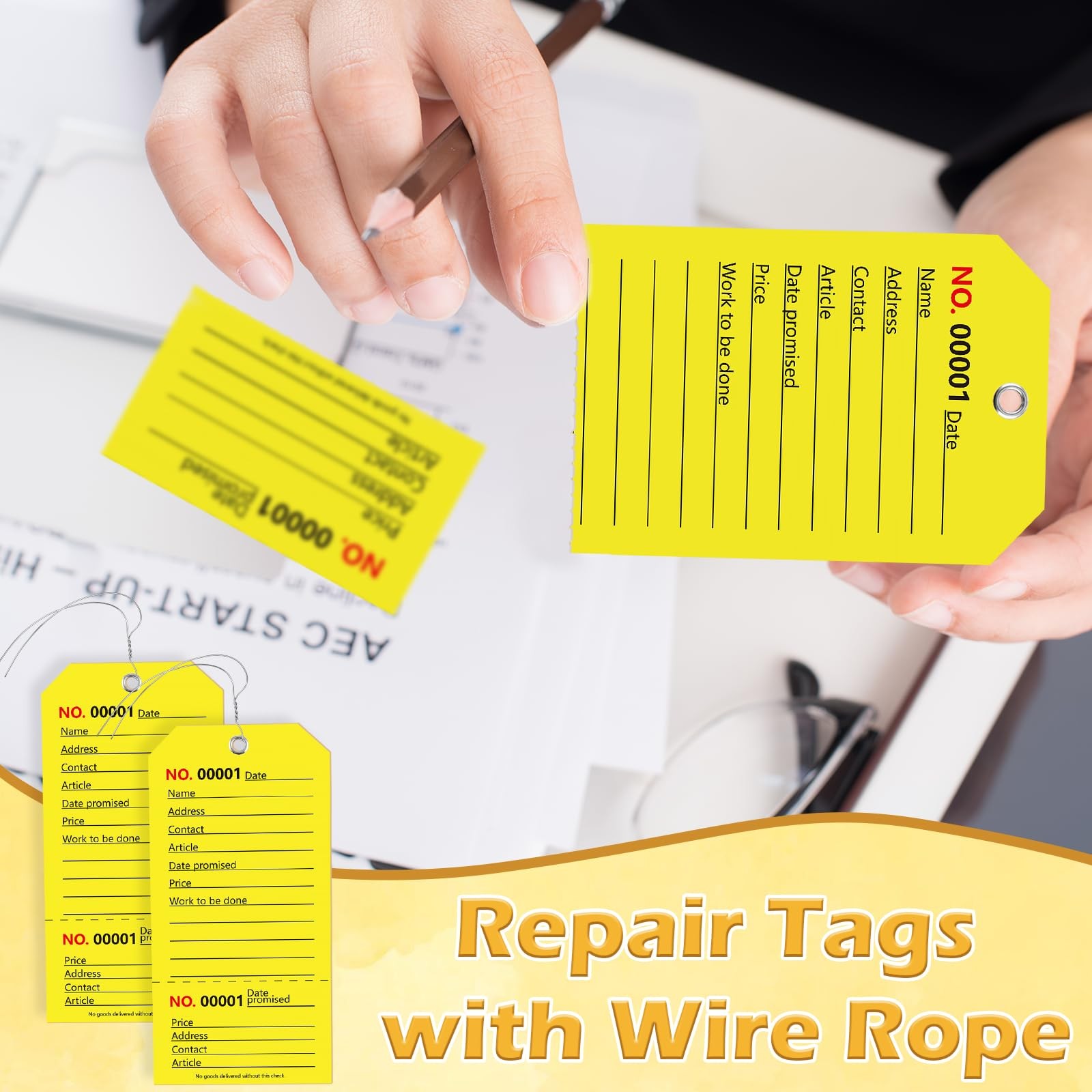 100 Pack Yellow Repair Tags with Wire Rope Service 2.6×5.25in,