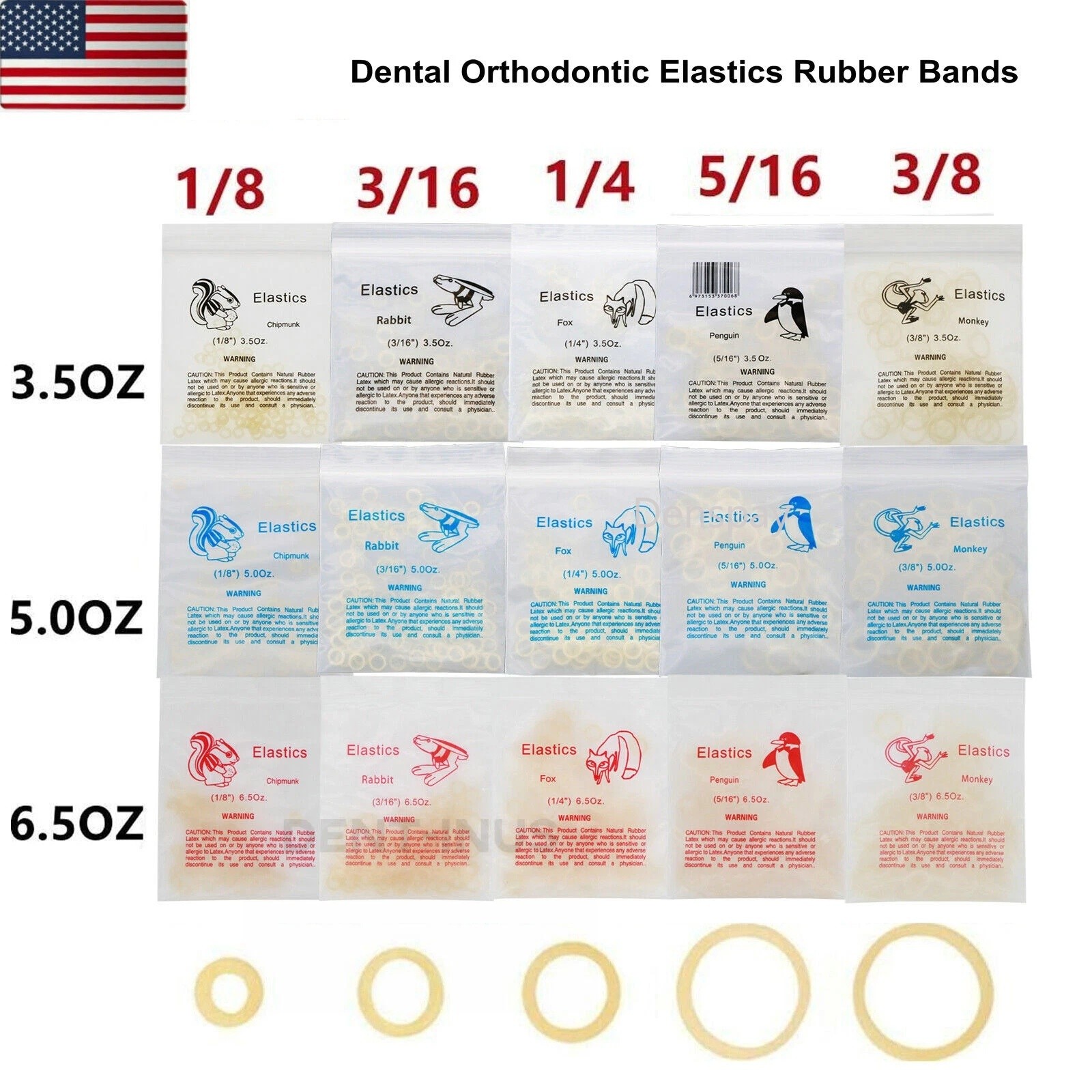 5000pcs Dental Ortho Elastic Rubber Bands 3.5/5.0/6.5 OZ Latex Braces Zoo Pack