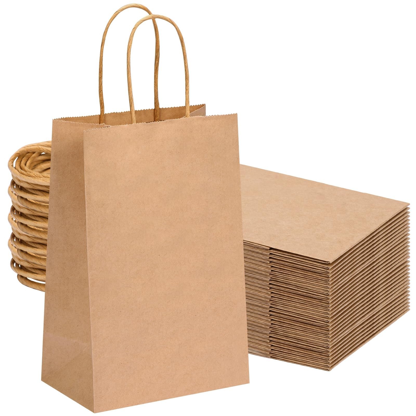 OUTUXED 60pcs 5.25×3.2x8in Small Gift Bags, Brown Paper Bags with Handles Bul…