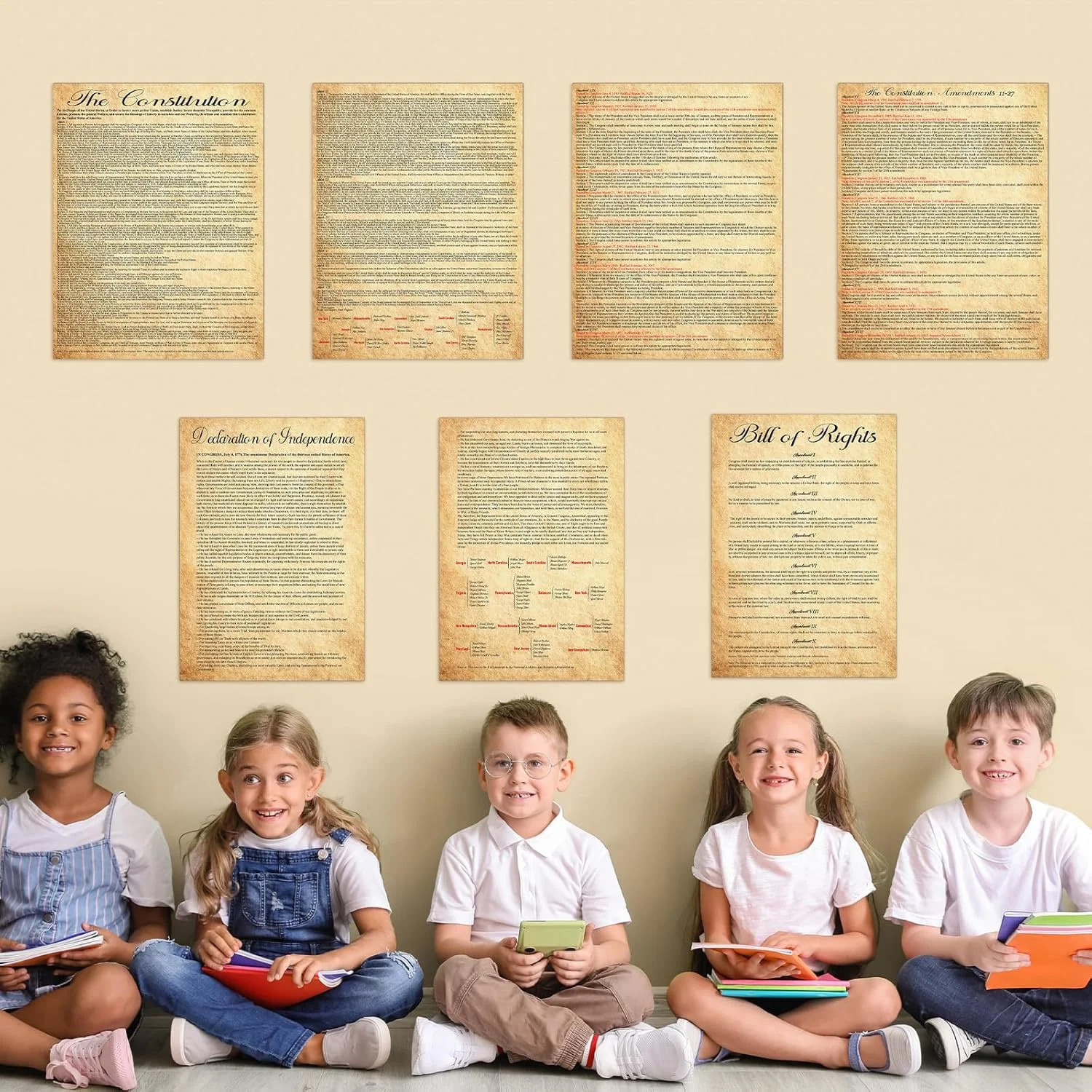 7Pcs American Founding Documents Poster US Constitution with All Amendments, Dec