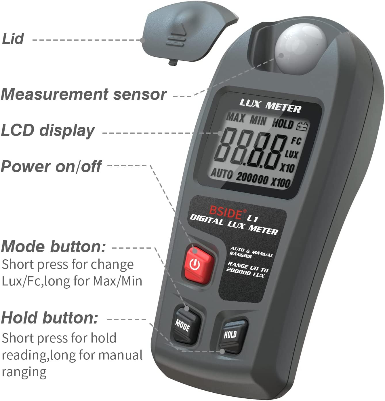 BSIDE Digital Light Meter Lux Tester Illuminance Luxmeter, 0-200,000 Lux Portabl