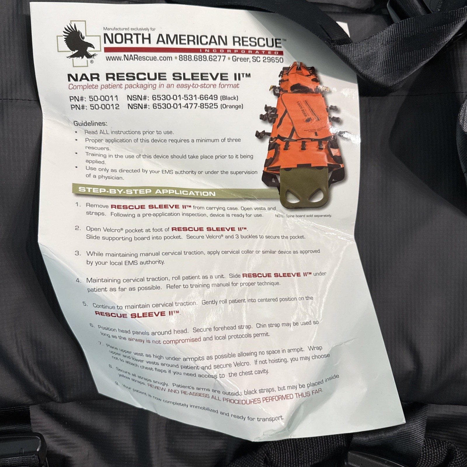 North American Rescue NAR 50-0011 Rescue Sleeve II 1000 lb – Black. New