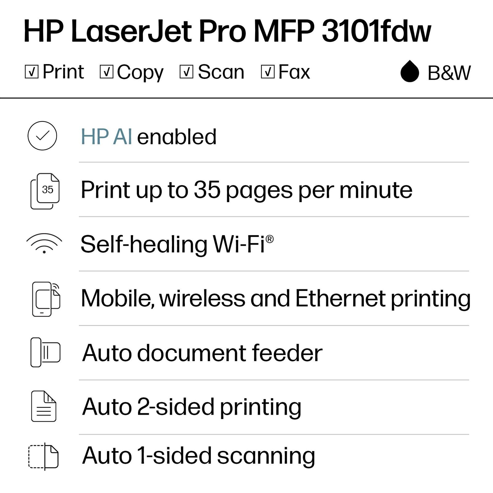 HP Laserjet Pro MFP 3101fdw Wireless Black & White All-in-One Laser Printer, Sca