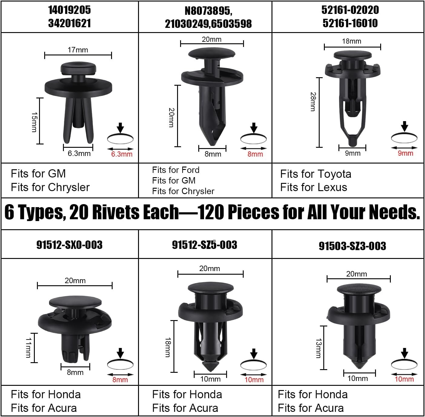 120pcs Retainer Clips Push Type Fasteners 6.3mm 8mm Size: 120+1(Not Specified)