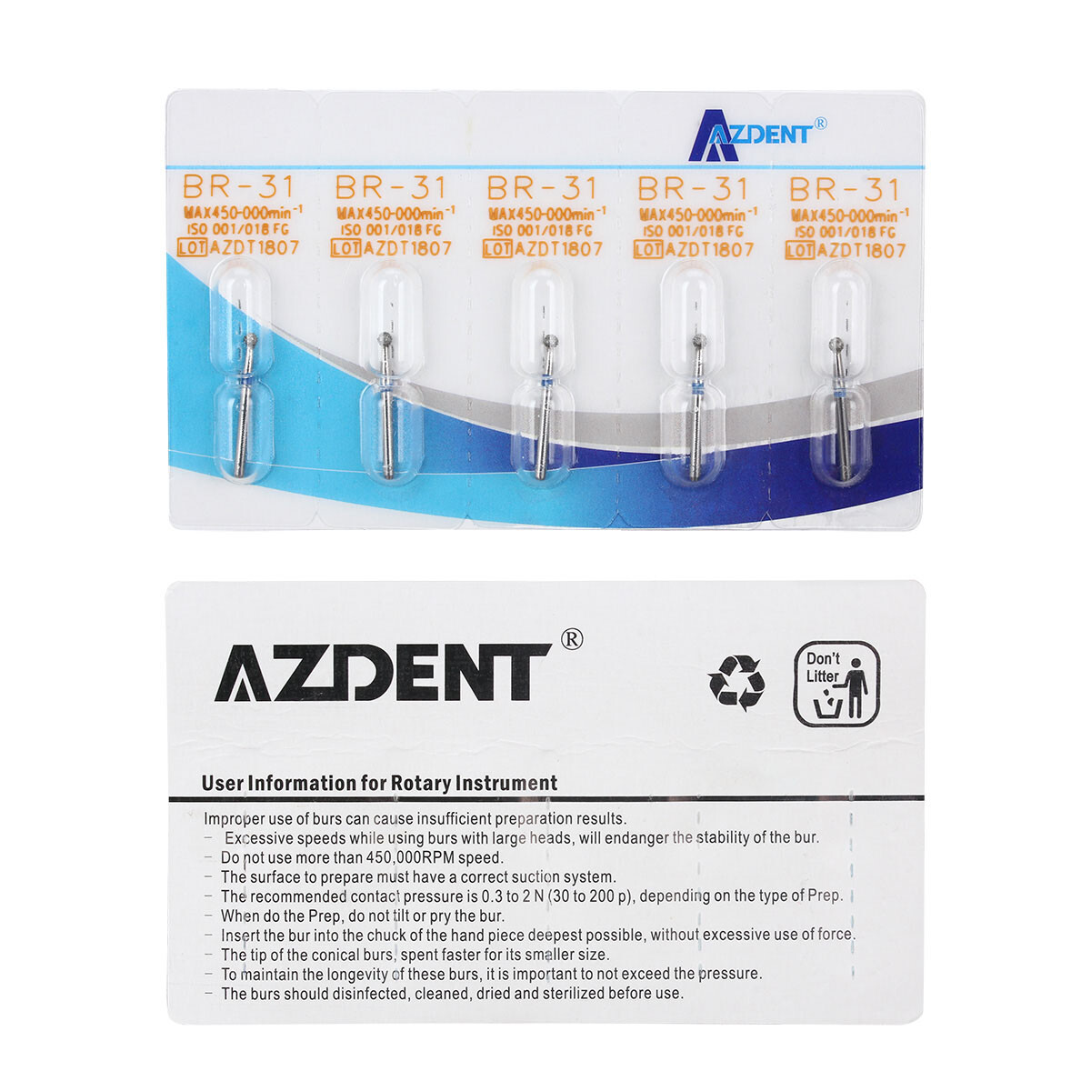 100pcs AZDENT Dental Diamond Burs For High Speed Handpiece Friction Grip 1.6mm