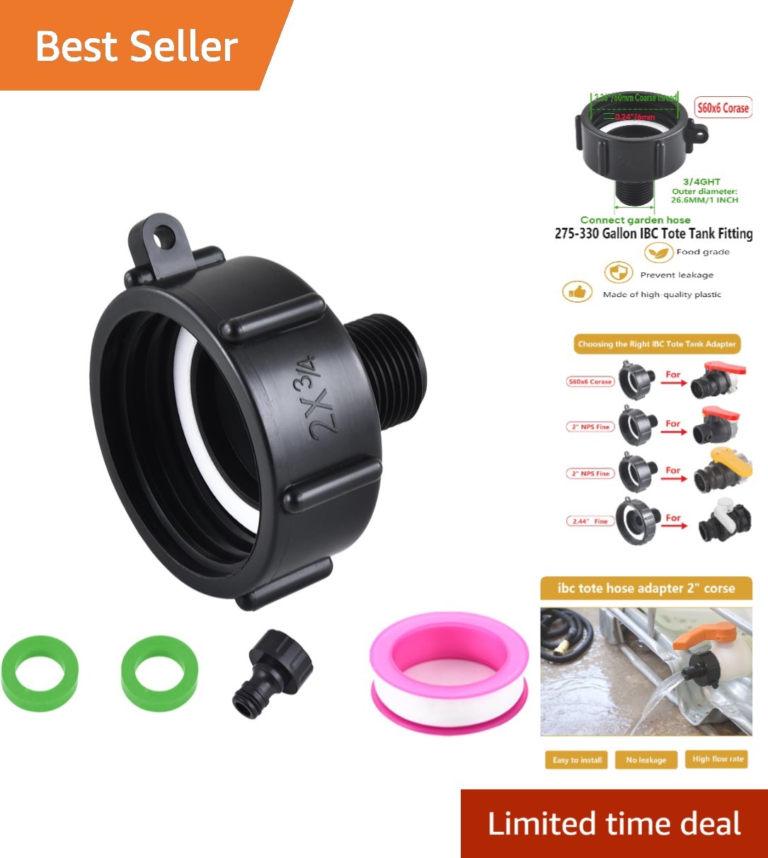 Food Grade IBC Hose Adapter: Leakproof 2″ Coarse Thread to Garden Hose Connector