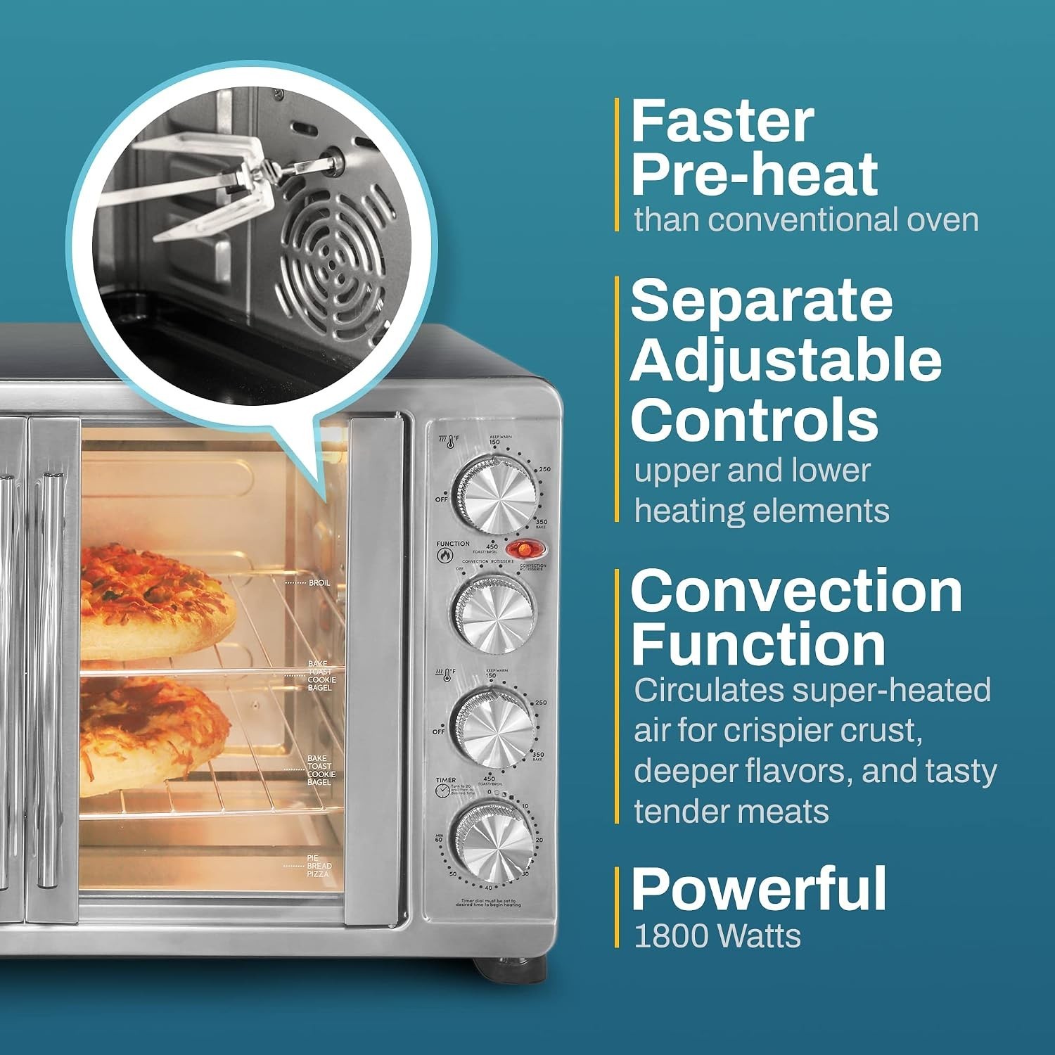 Convection Oven French Door Toaster Oven 18 Slice Rotisserie 45L Stainless Steel