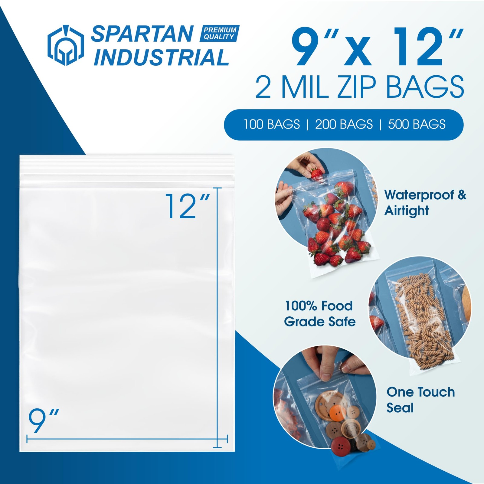 Spartan Industrial – 9” X 12” (500 Count) 2 Mil Clear Reclosable Zip Plastic Pol