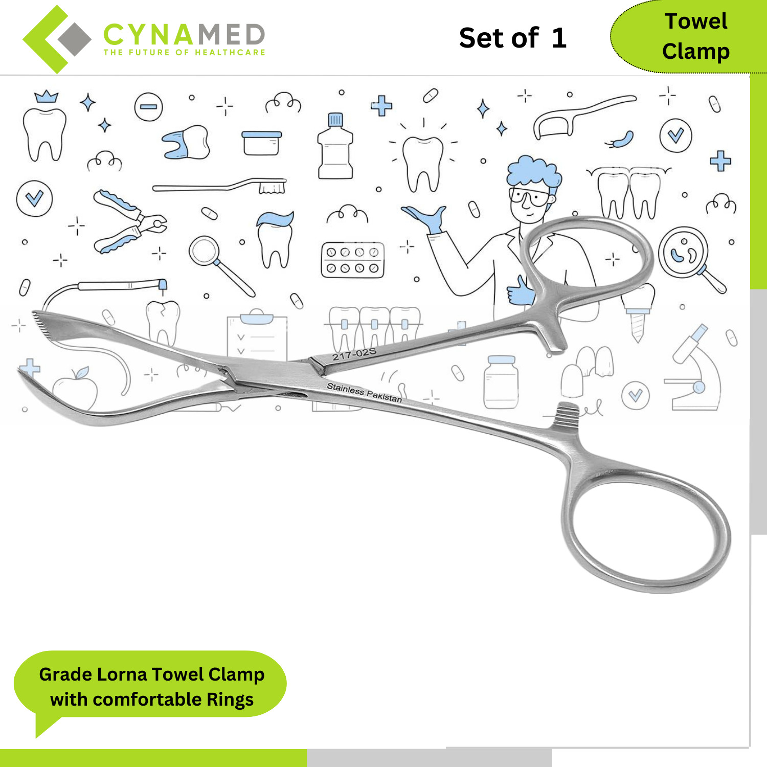 Cynamed Stainless Steel OR Grade Lorna Towel Clamp with comfortable Rings 5.25in