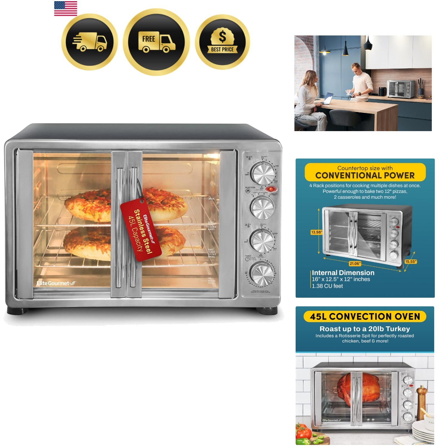 Convection Oven French Door Toaster Oven 18 Slice Rotisserie 45L Stainless Steel