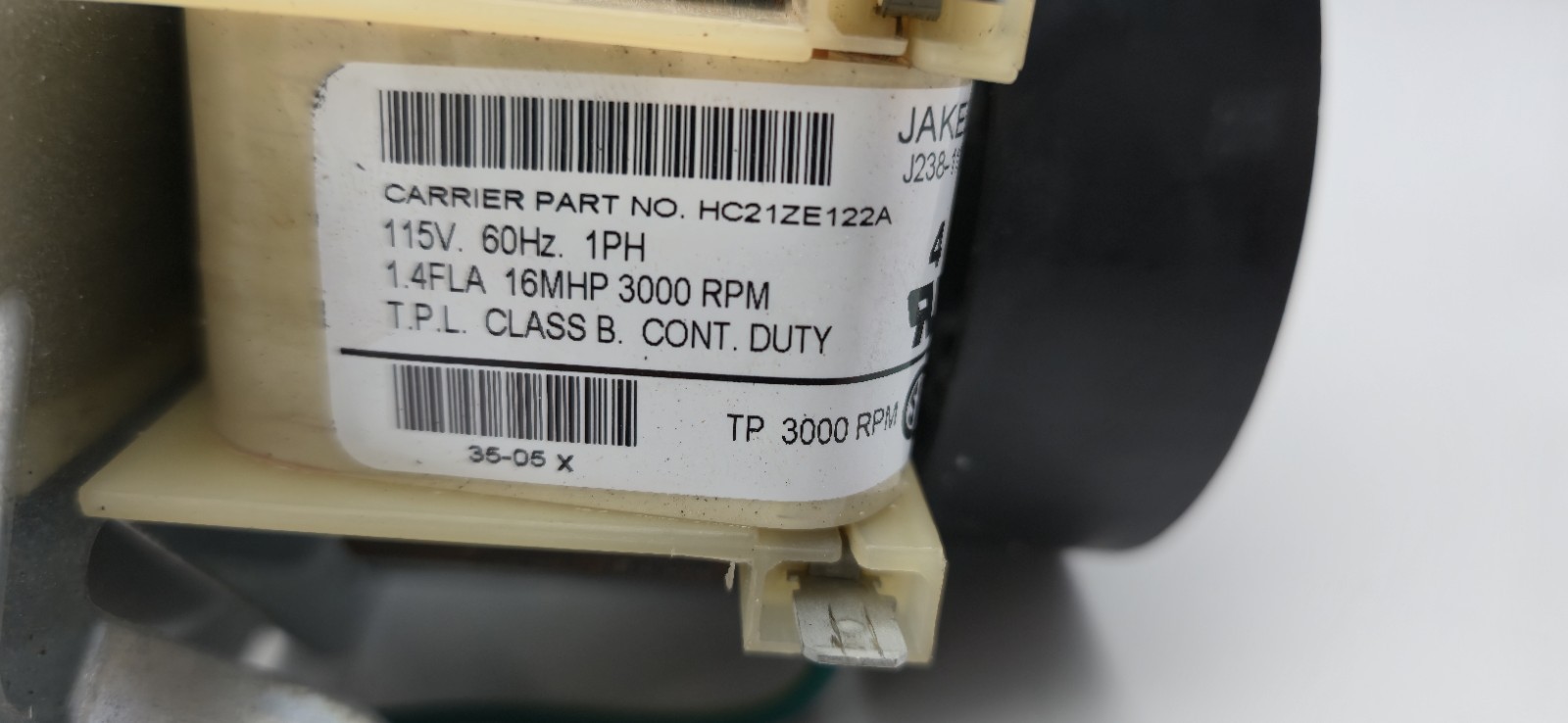 Carrier Jakel Draft Inducer Blower Motor HC21ZE122A J238-112-11202 115V 3000 RPM