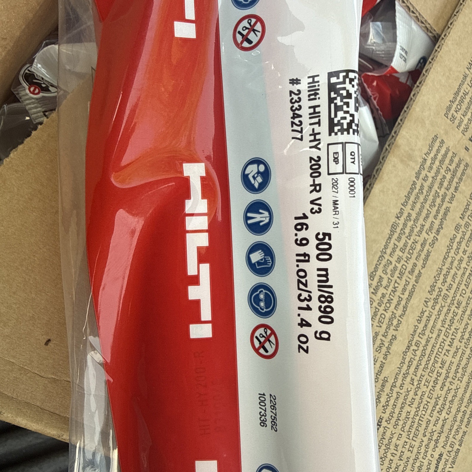 HILTI (25 Und /Box) HY 200-R V3 ADHESIVE ANCHOR 11.1 fl oz/330 ml EXP. Nov/2026
