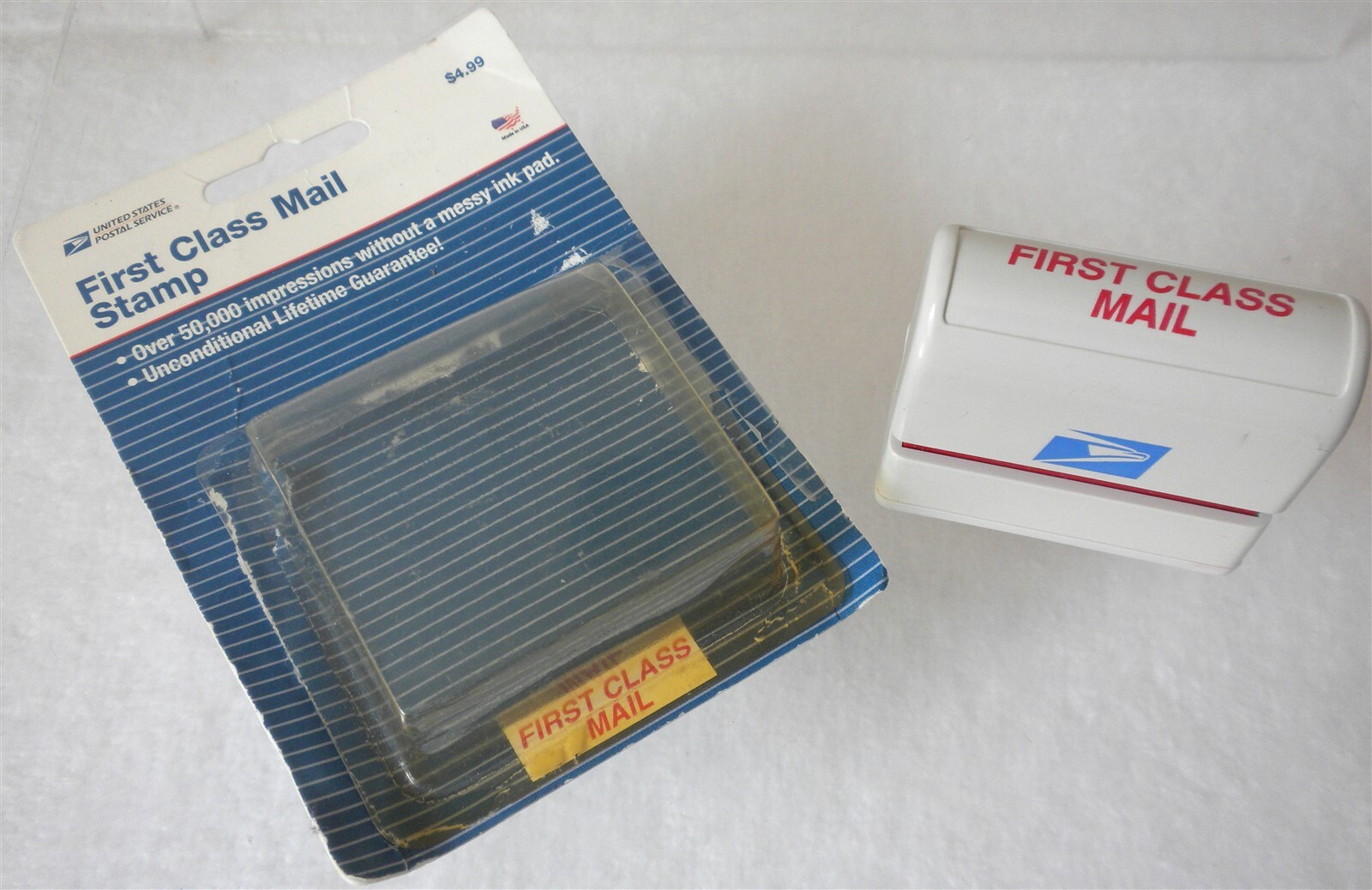 RARE UNITED STATES POST OFFICE FIRST CLASS MAIL RUBBER STAMP IN ORIGINAL PACKAGE