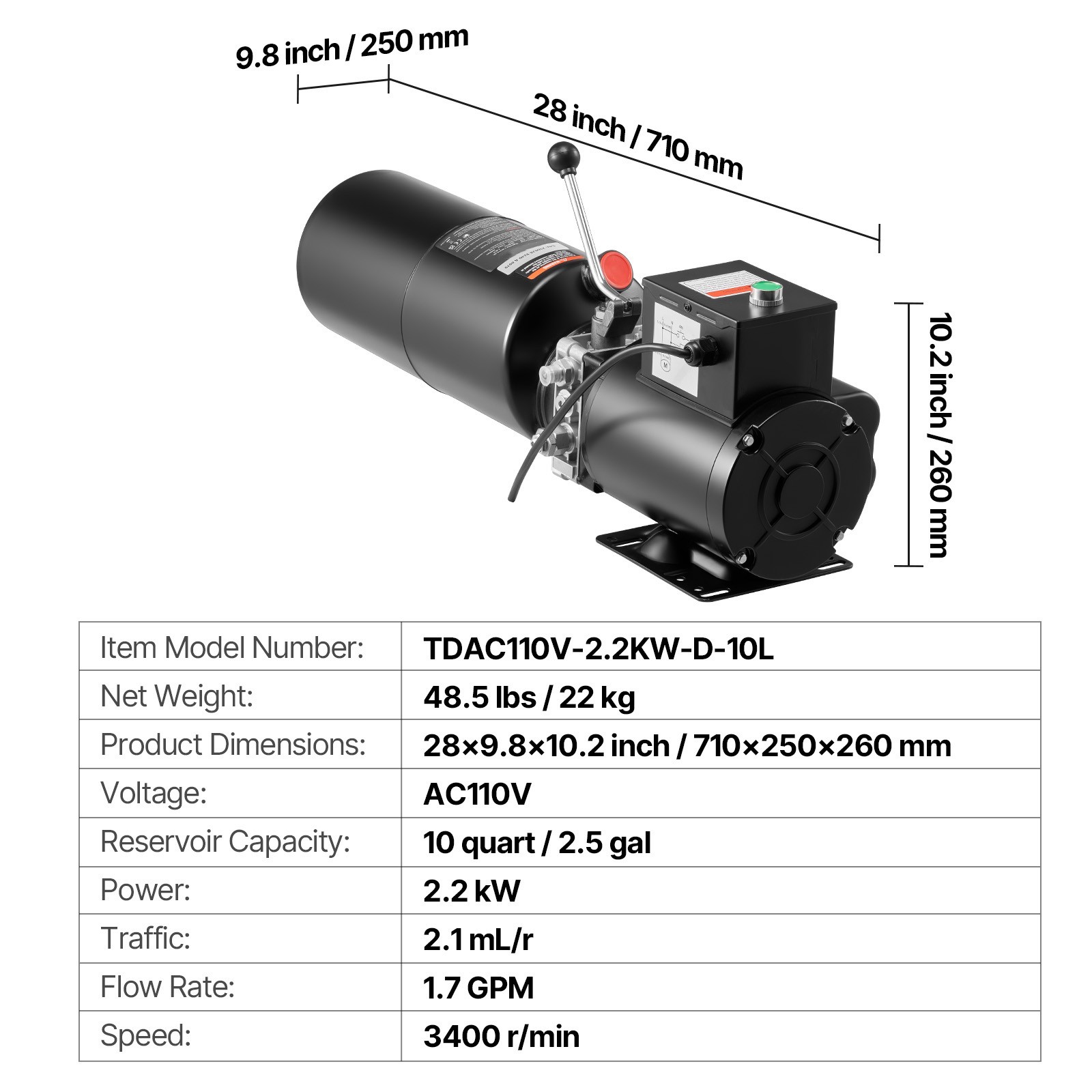 Uimoso 110V Car Lift Hydraulic Power Unit 2.5 Gal /10 Qt Auto Lifts Post Pump
