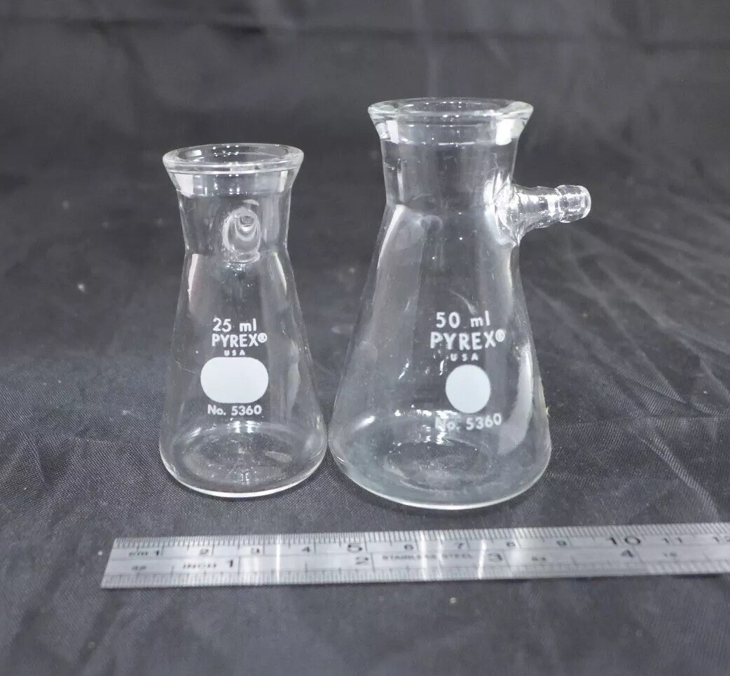 Bundle of 2 || CORNING Pyrex Micro Filtering Flasks, 25mL/50mL, glass barb #5360