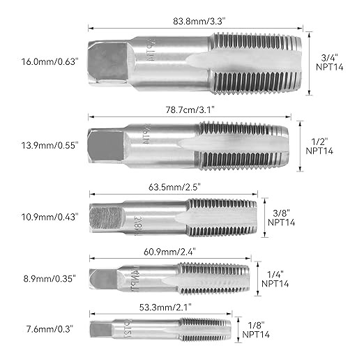 HFS(R) 5PCS NPT Pipe Tap Set ，1/8″, 1/4″, 3/8″, 1/2″ and 3/4″ Accurate Threads