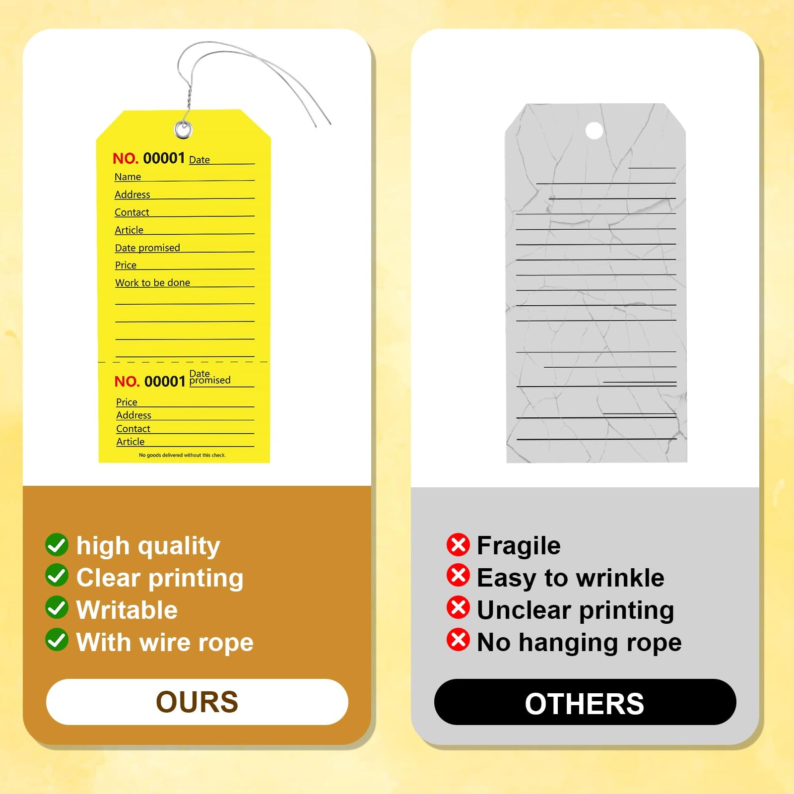 100 Pack Yellow Repair Tags with Wire Rope Service 2.6×5.25in,