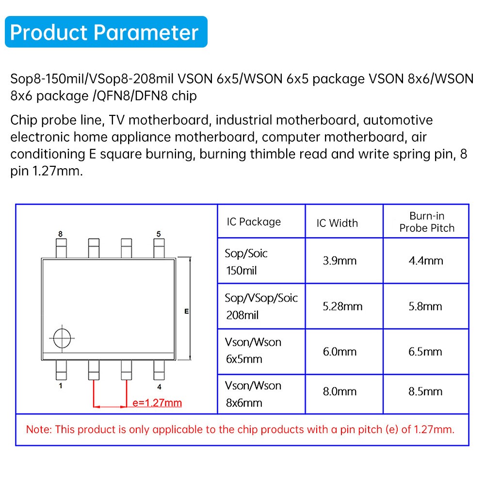 1pc SOP8/WSON8/QDFN8 SPI Adapter Clip Pin Flash on Chip Read ＆ Write Probe