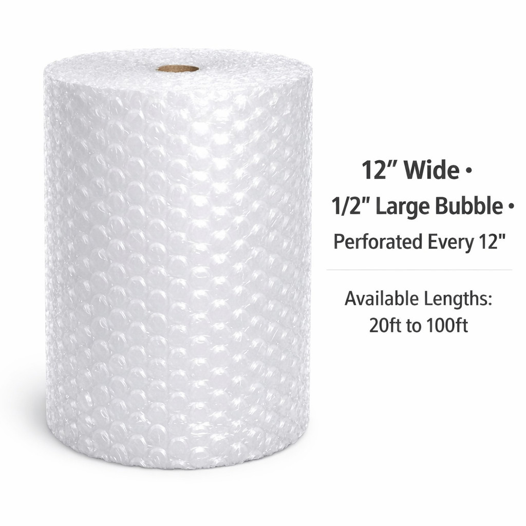 12″ Wide Bubble Cushioning Roll 1/2″ Perf Every 12″ – Multiple Lengths 20-100ft