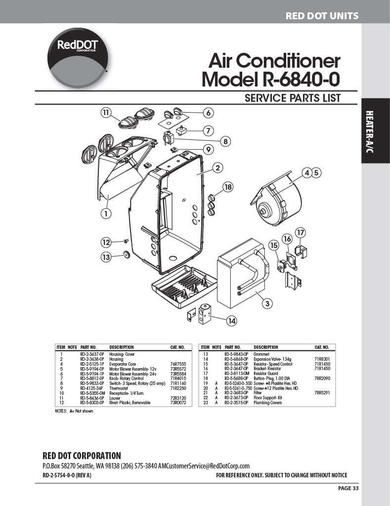 Red Dot AC Evaporator Unit 12v Wall Mount R-6840-0P
