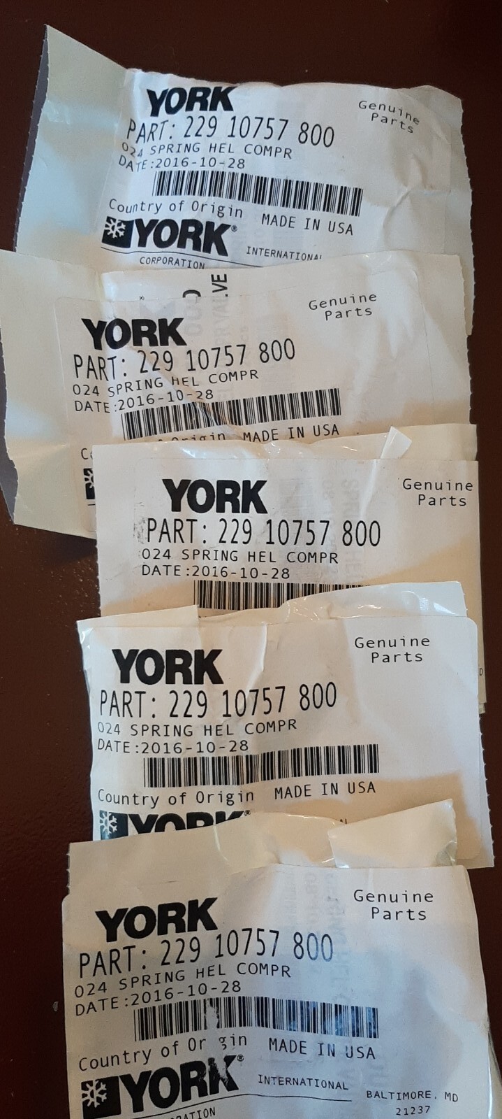5 packs JOHNSON CONTROLS YORK 229-10757-800 22910757800 SPRING HEL COMPR