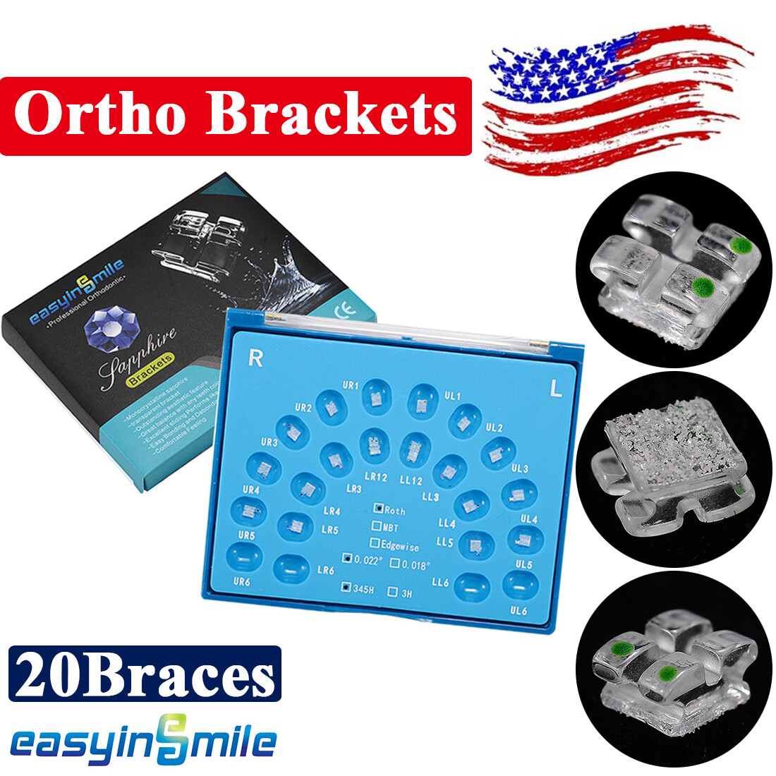 Ortho Monocrystalline Sapphire Brackets Dental Clear Brace MBT/ROTH 022 345Hooks