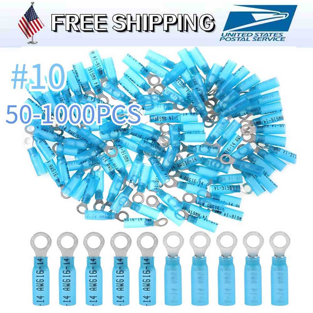 50-1000PCS Blue Heat Shrink Ring Terminals #10 Eyelet Wire Connectors 16-14 AWG