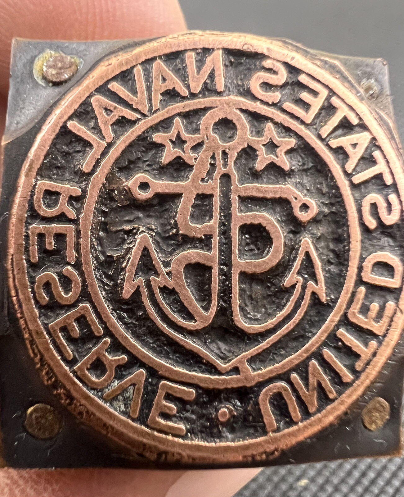 Vintage Letterpress Printing Block United States Naval Reserve Copper On Wood 1”