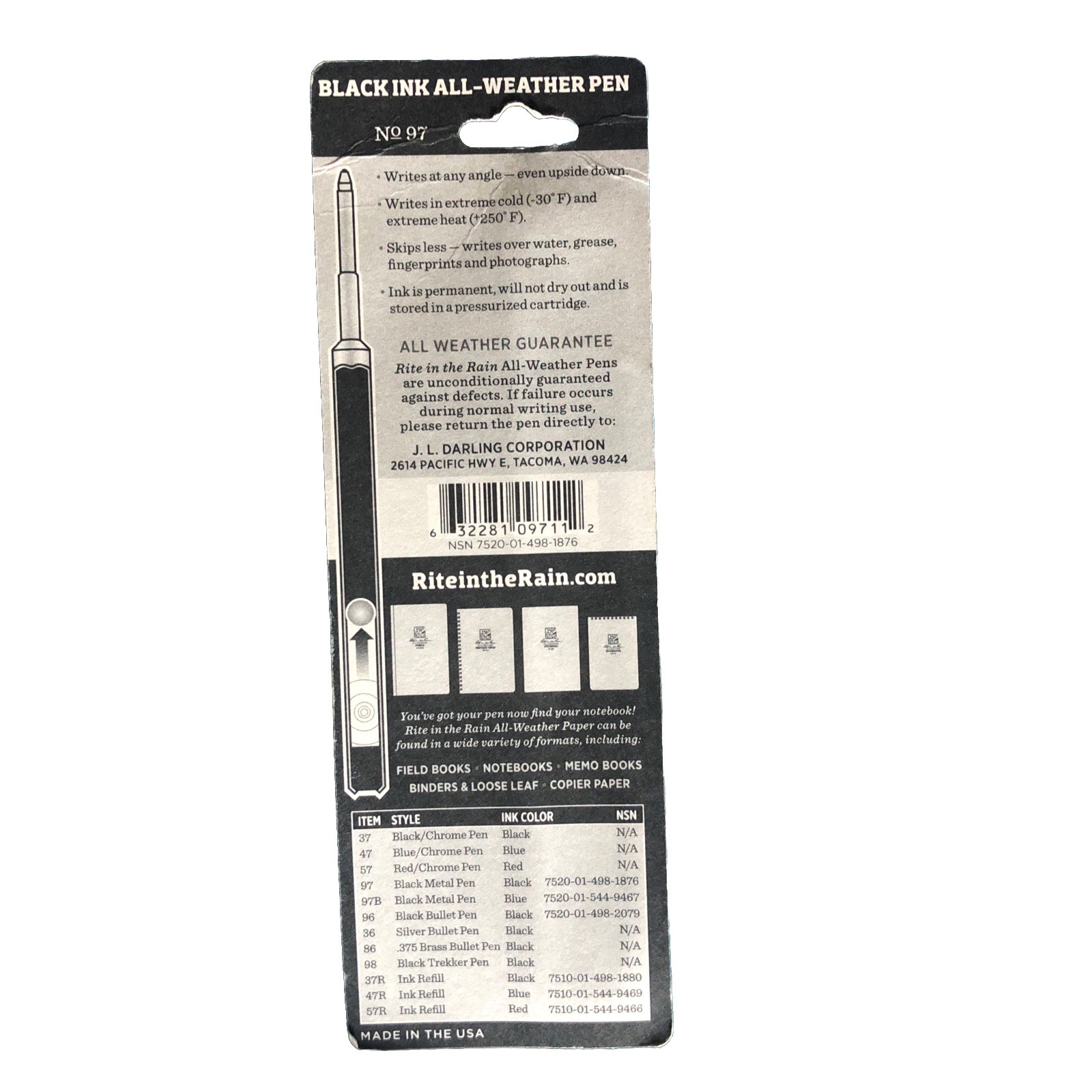 New In Package Rite in the Rain Clicker Black Metal 5.25″ Writing Pen 97