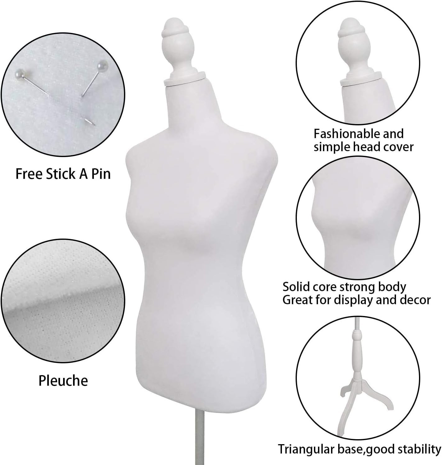White Female Dress Form Mannequin Torso Body with Adjustable Tripod Stand Show