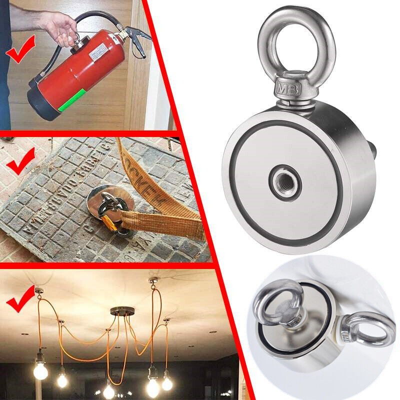 2000 LBS Strong Fishing Magnet Kit Double-Sided Pull Force and Rope Carabiner