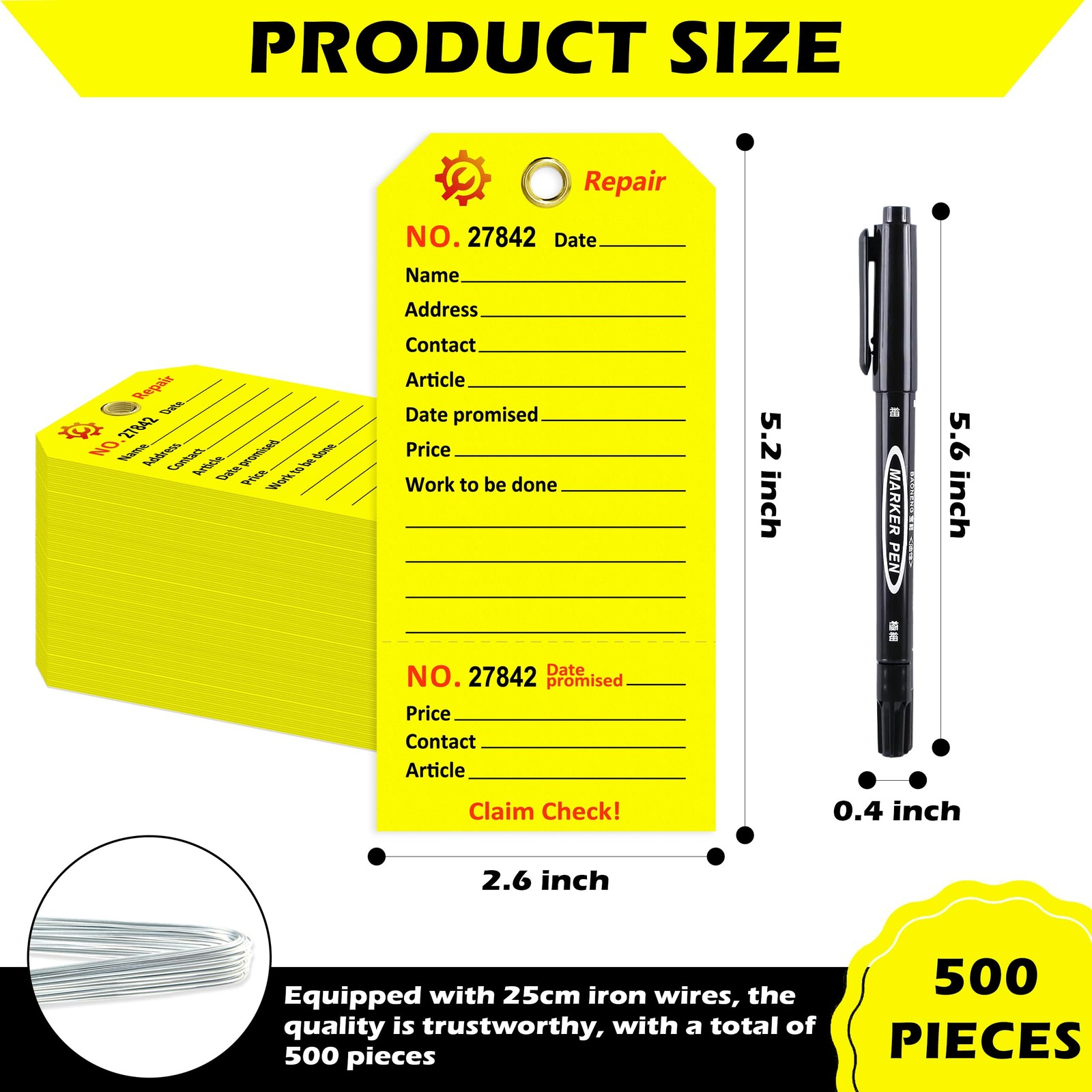 500 Pcs Repair Tags with Hole and Wire Maintenance Service Tags 2.6 x 5.25 In