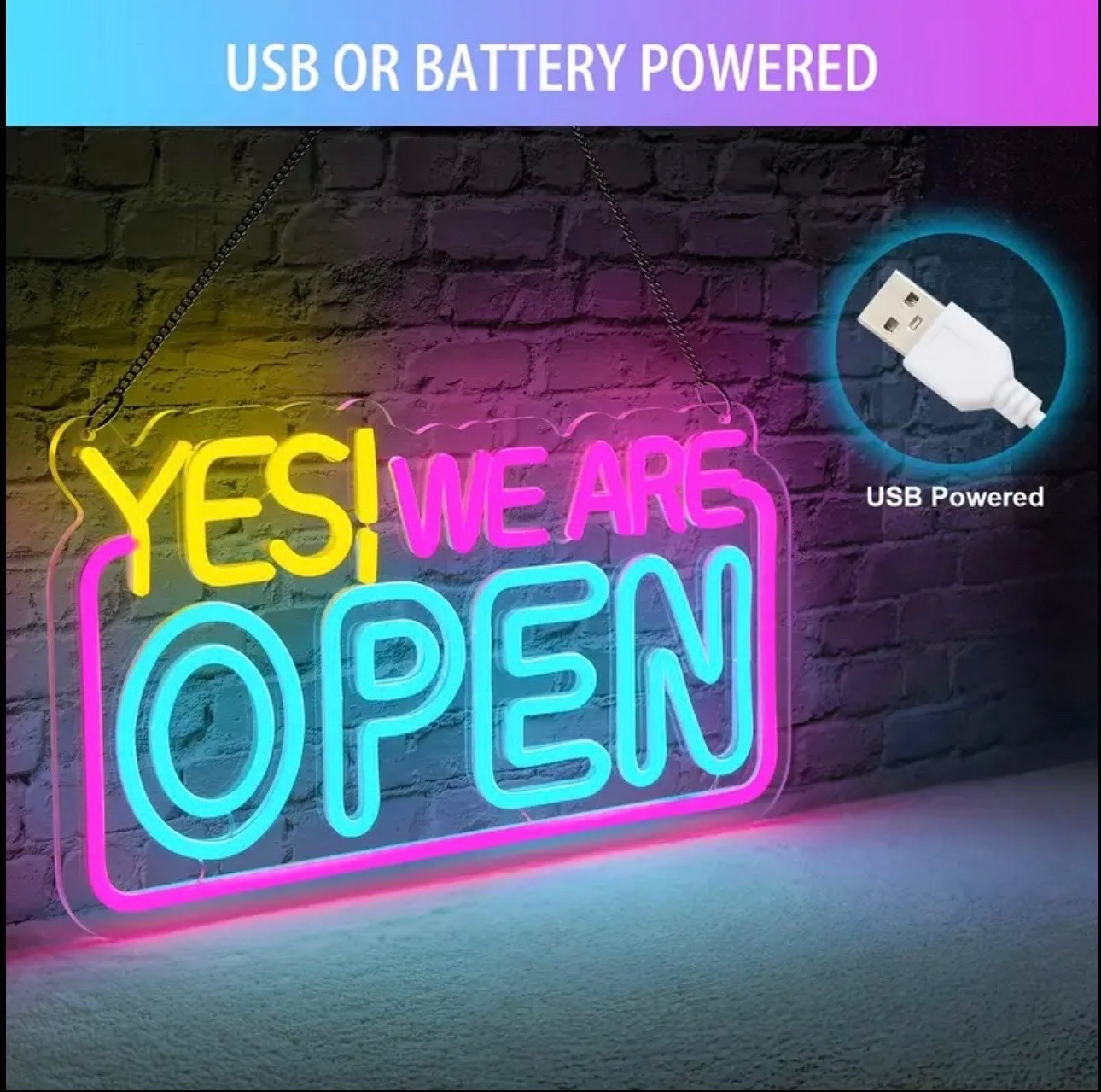 Vibrant “YES! WE ARE OPEN” Neon Sign – USB or Battery Powered, Bright Multicolor