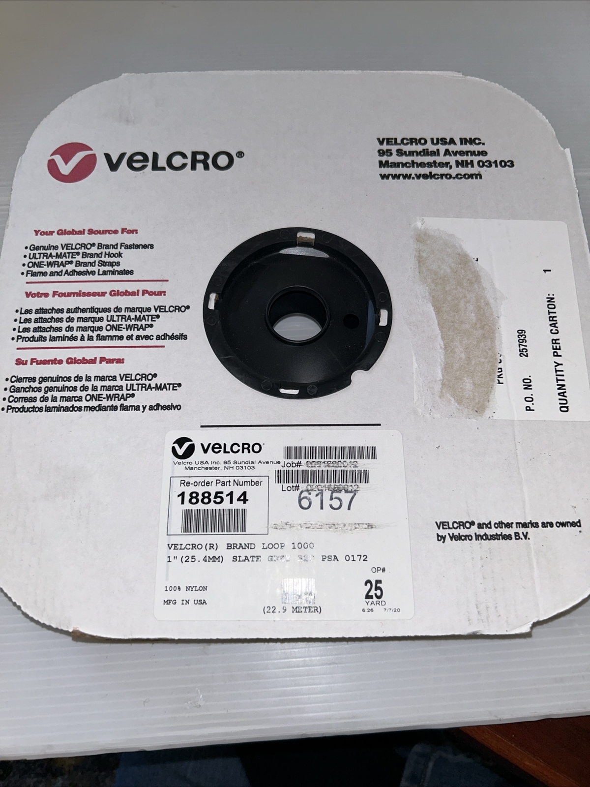 Velcro 188514 Loop 1000 – 1″ Slate Grey 320 PSA New – 25 Yards -Adhesive- 75Feet