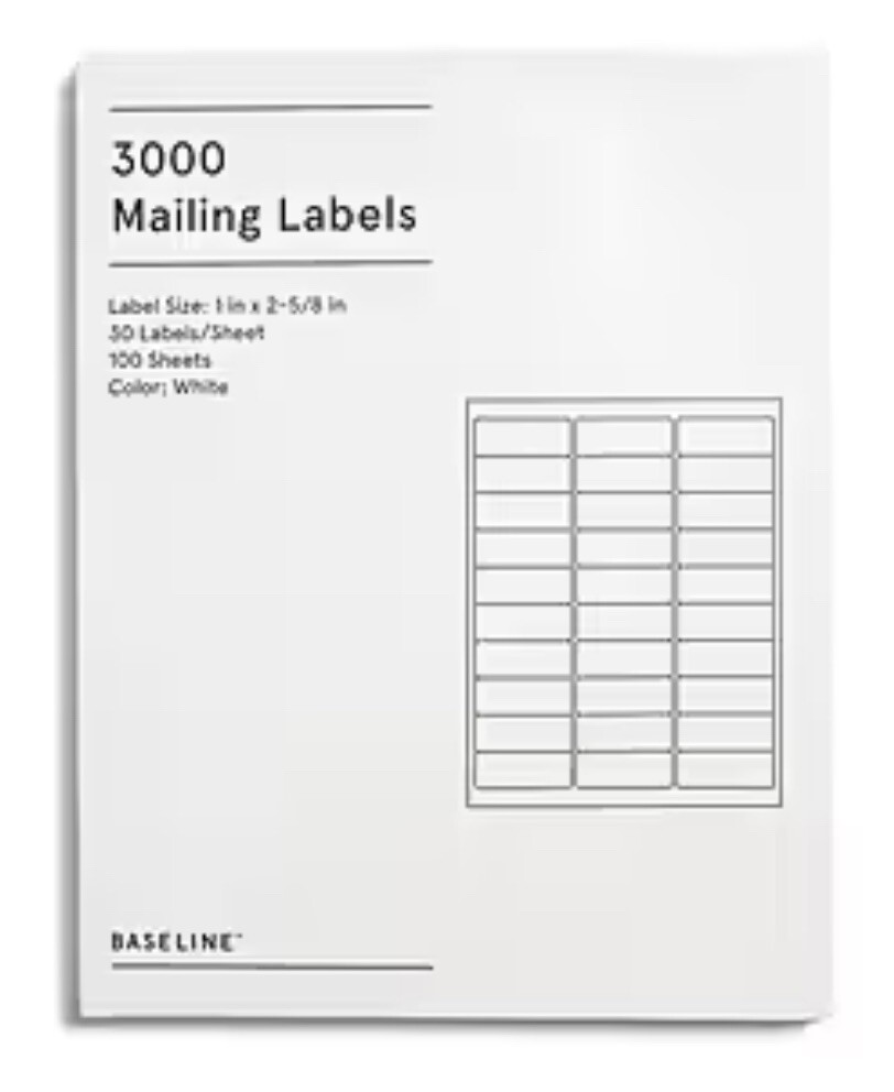 Baseline 3000 Blank Address Mailing Labels 1″ x 2-5/8″ 30 Labels per Sheet White
