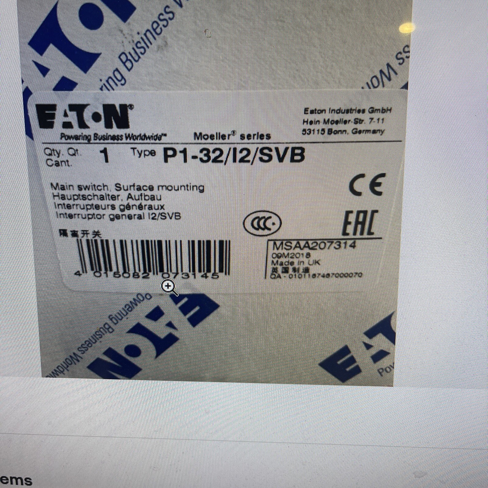 P132/I2/SVB. MAIN SWITCH. EATON. MADE IN UK. (NOT IN CHINA)