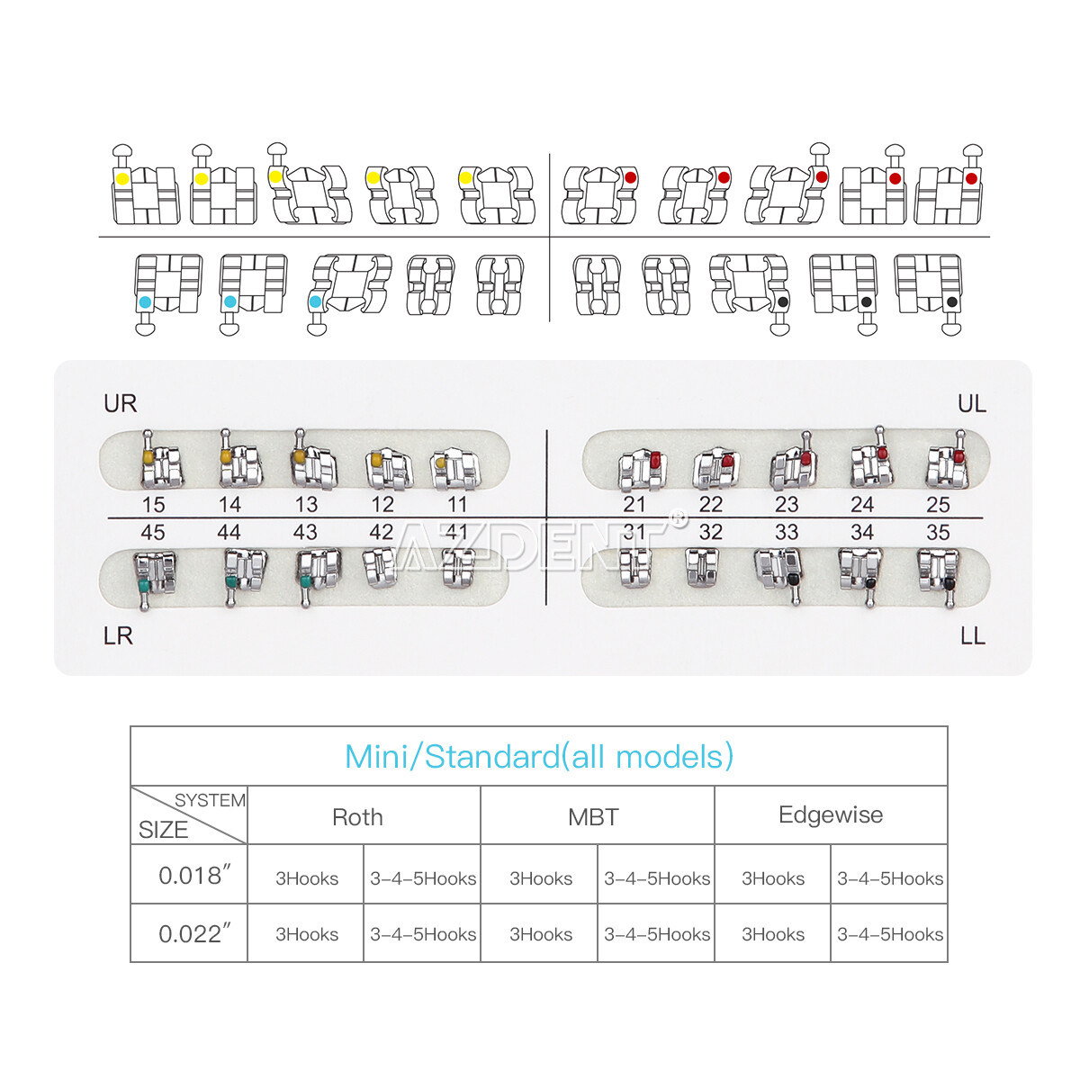 AZDENT Dental Orthodontic Brackets Braces Metal Mini Roth.022 Hooks 345