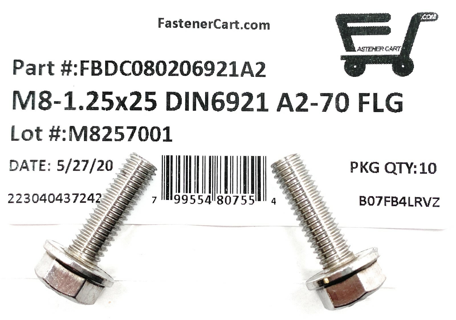 (10) M8 x 1.25 x 25 Stainless Steel DIN6921 A2 Hex Flange Bolts M8x25mm Flange