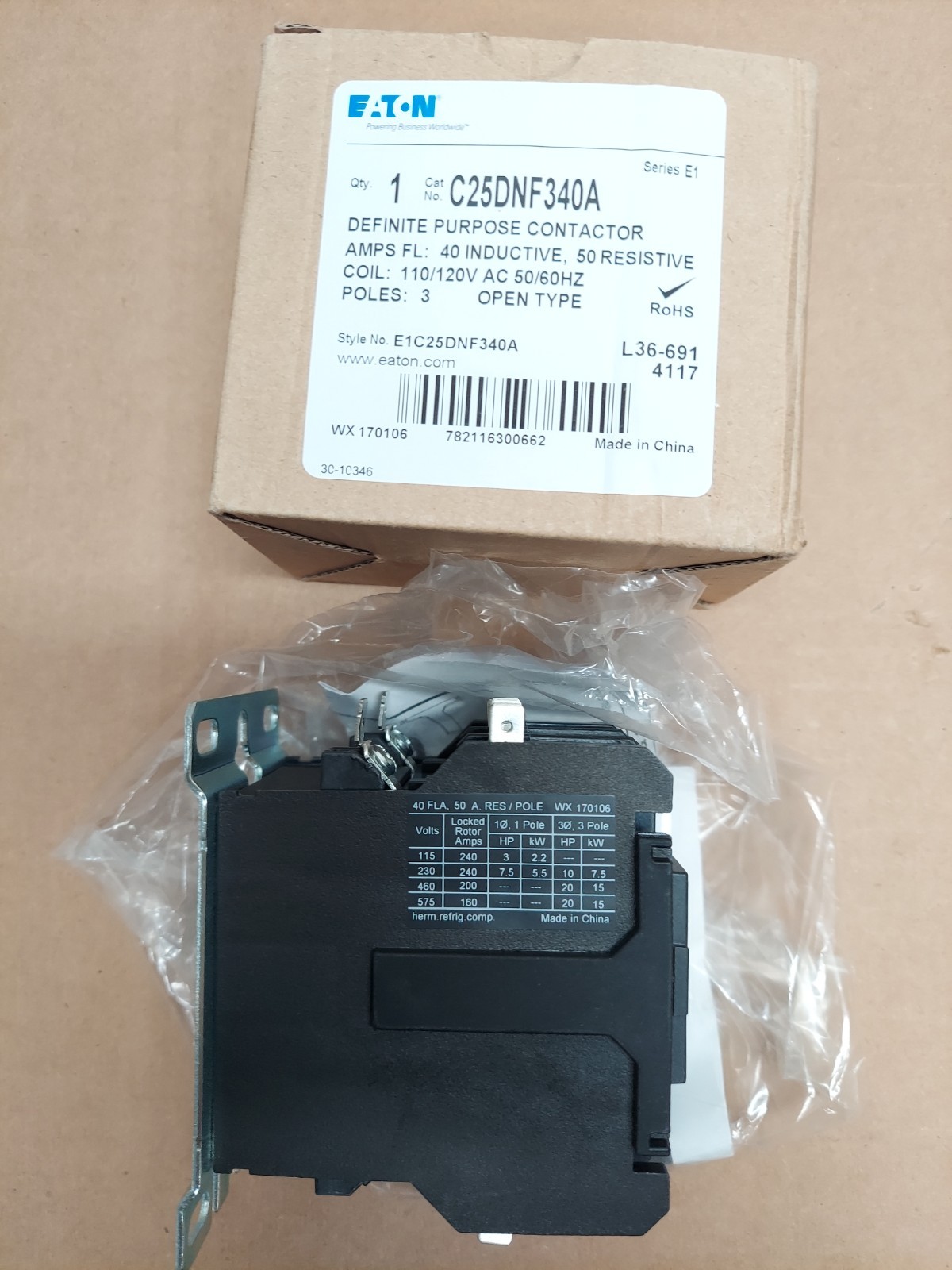 Eaton C25DNF340A Definite Purpose Contactor600V, 60A, 40A, 110-120 Vac, 50/60 Hz