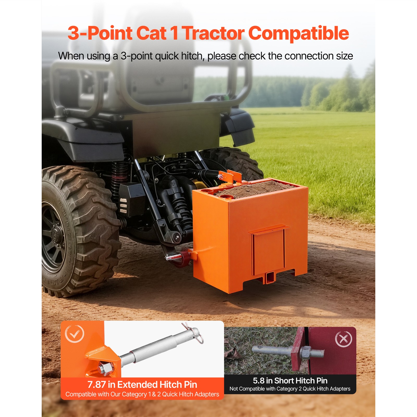 Ballast Box 3 Point Category 1 Tractor Quick Tach Hitch Counterweight Orange