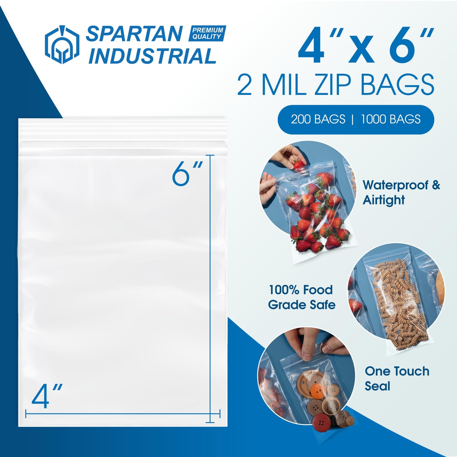 Spartan Industrial – 4” X 6” 1000 Count 2 Mil Clear Reclosable Zip Plastic