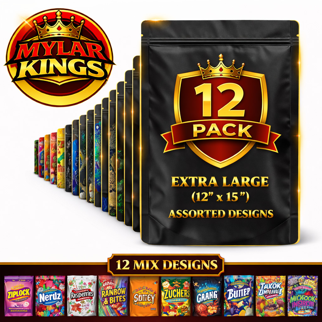 12 Pack 1lb Smell Proof Foil Mylar Bags 12” x 15” Mix Designs Pound Zip Bags