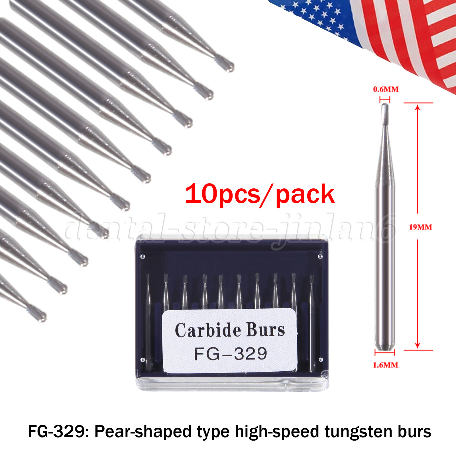 10 Pcs Dental Carbide Burs Pear-Shaped Type High Speed Tungsten Steel Bur FG329