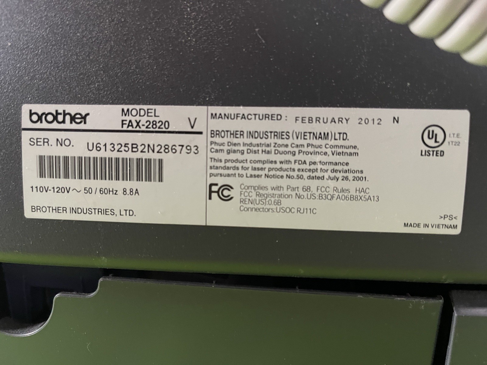 Brother IntelliFAX 2820 All in One Laser Fax Machine Printer Copier