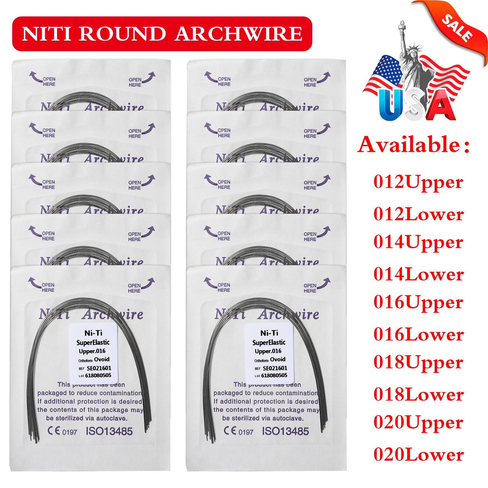 10pcs/pack Dental Orthodontic Super Elastic Niti Arch Wire Round Ovoid Form USA