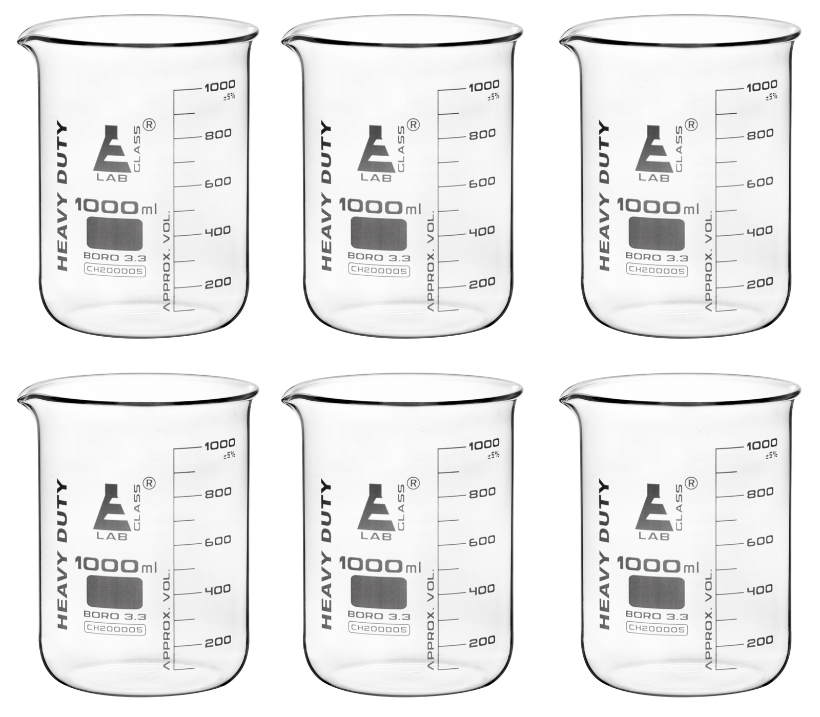 6PK Heavy Duty Beaker, 1000ml – Thick Walls – White Graduations – Eisco Labs