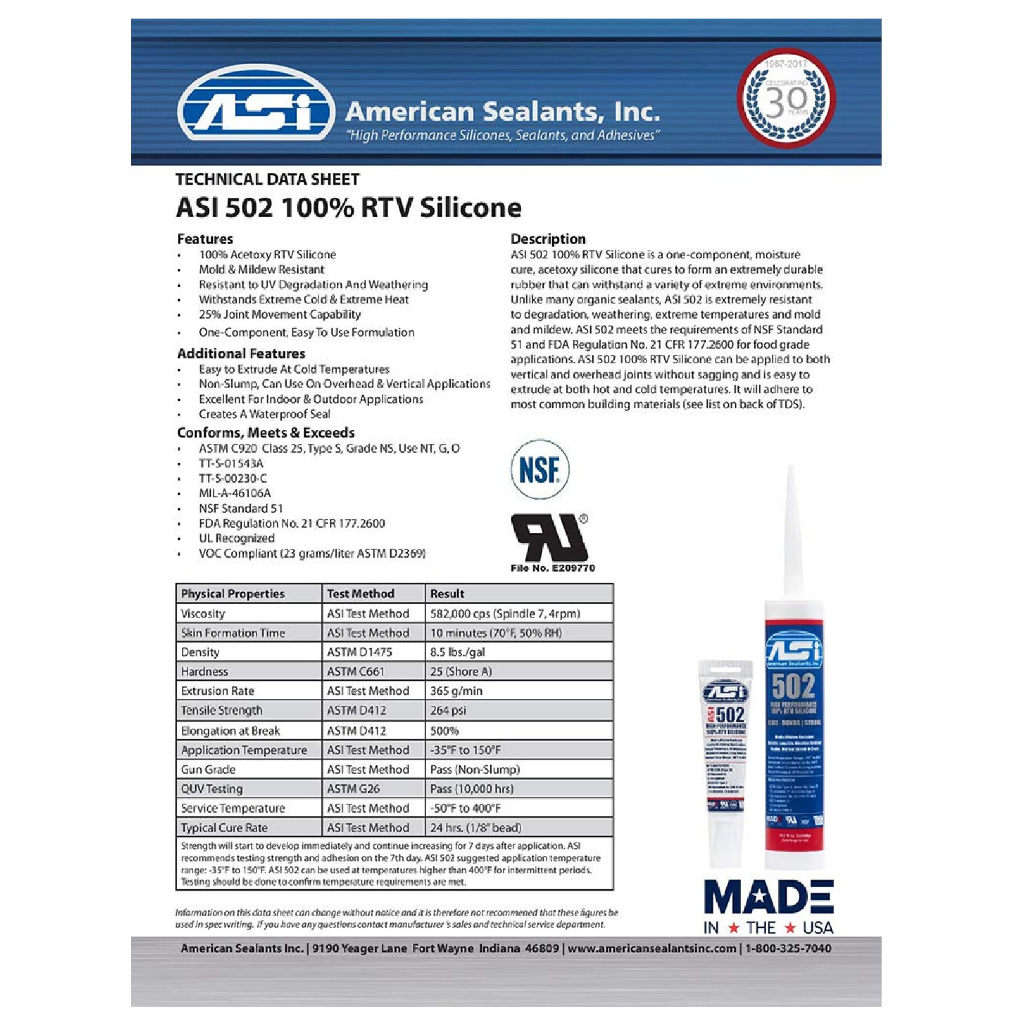 ASI 502 White Food Grade 100% RTV Silicone Sealant – 2.8 Oz Squeeze Tube