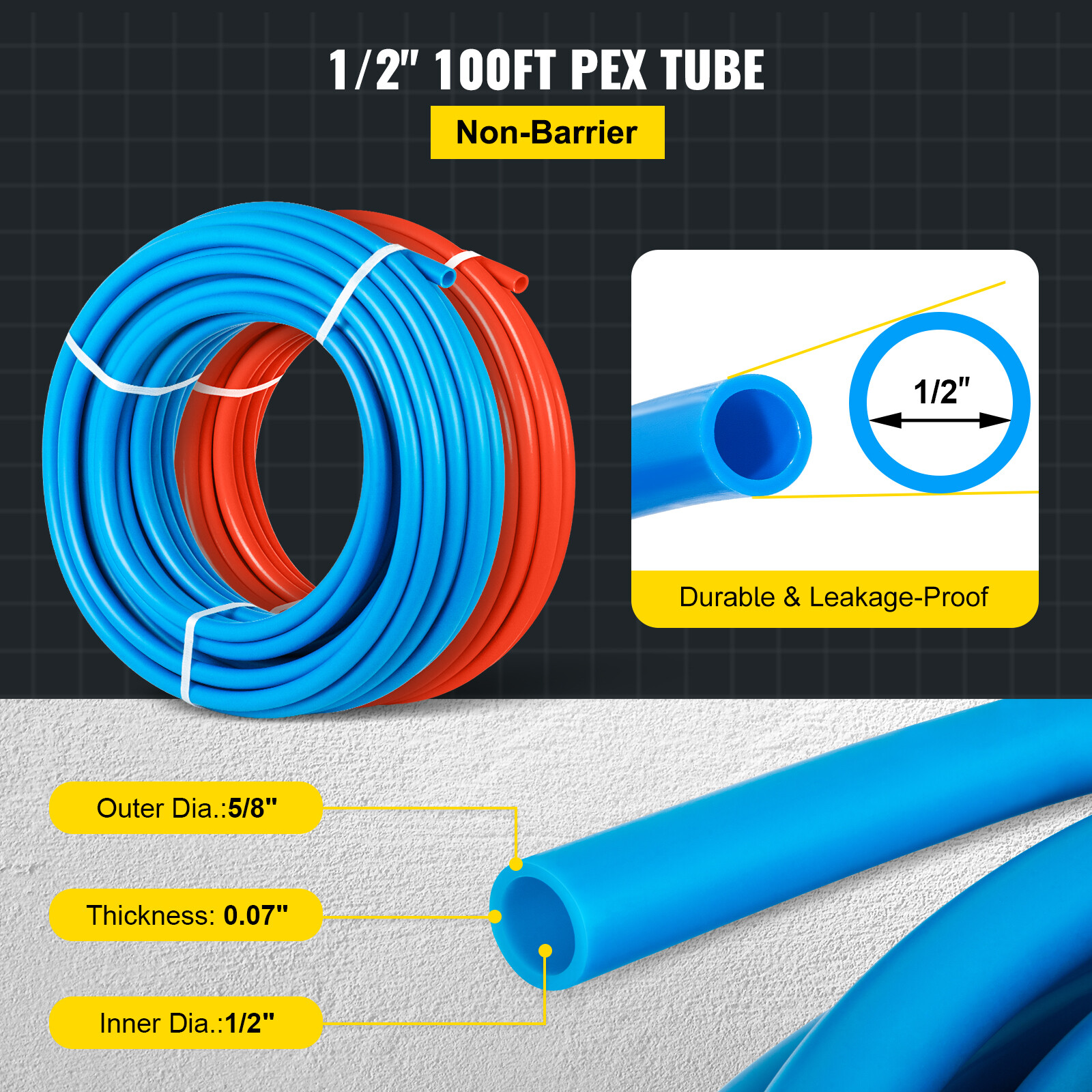 VEVOR 200ft 1/2 Oxygen Barrier PEX tubing 100ft RED and 100ft BLUE Pipe Pex-B