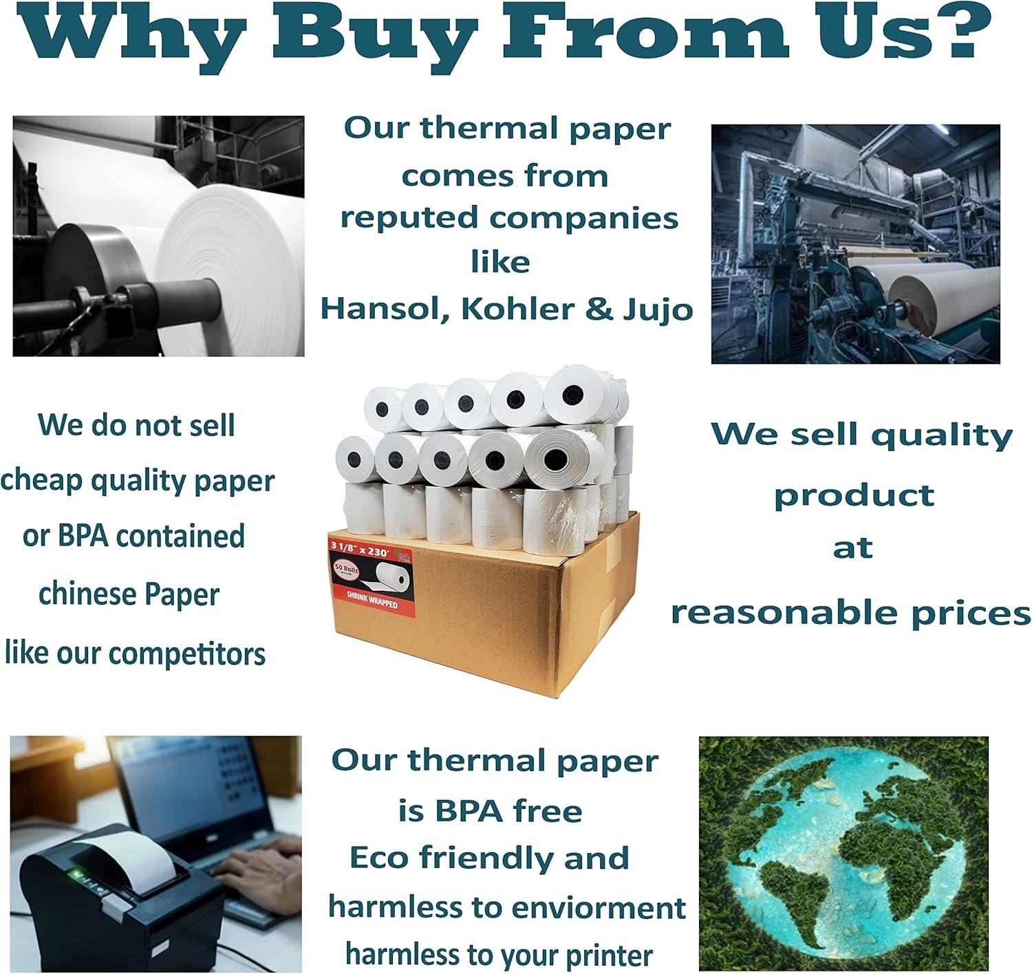 (50 ROLLS) 3 1/8″ x 230′ THERMAL POS RECEIPT PRINTER ROLL PAPER BPA